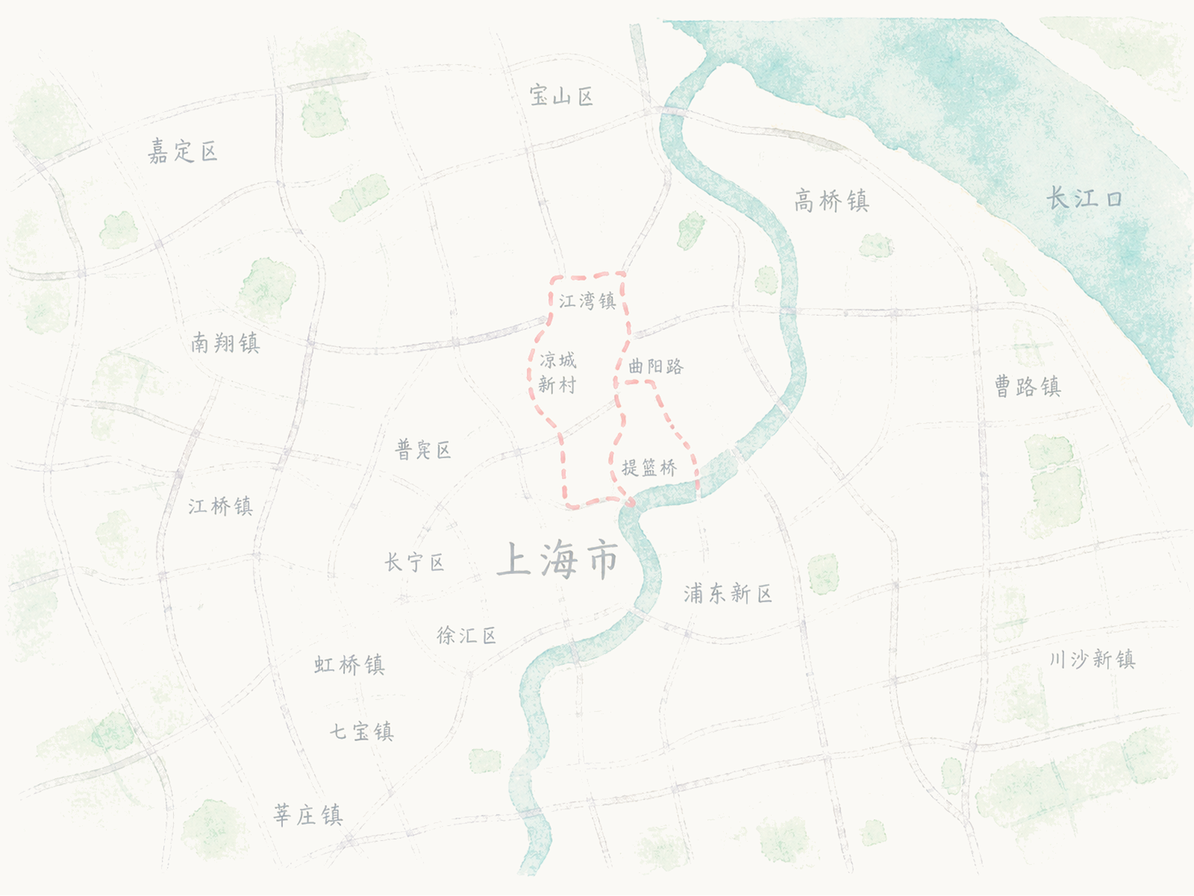 上海虹口与杨浦区域的水彩地图